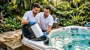 Deux techniciens en blanc changent filtre spa turquoise